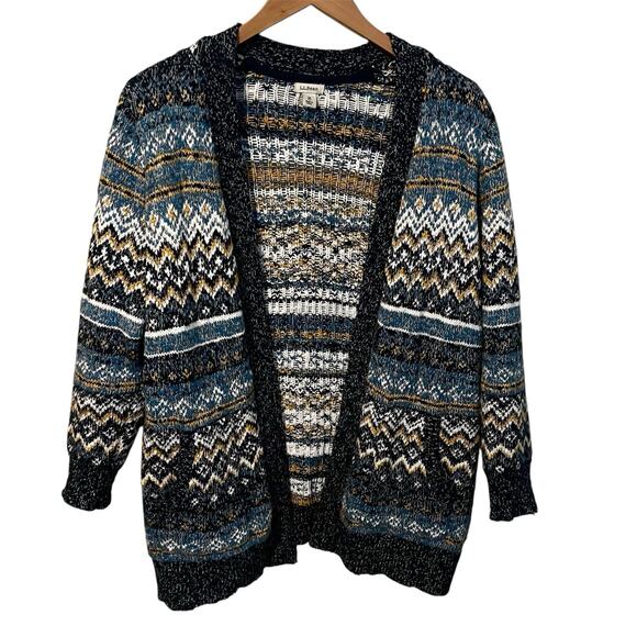 LL Bean Open Cardigan Sweater Women’s Medium Fair Isle Long Blue Cotton Rag Knit - Picture 1 of 8